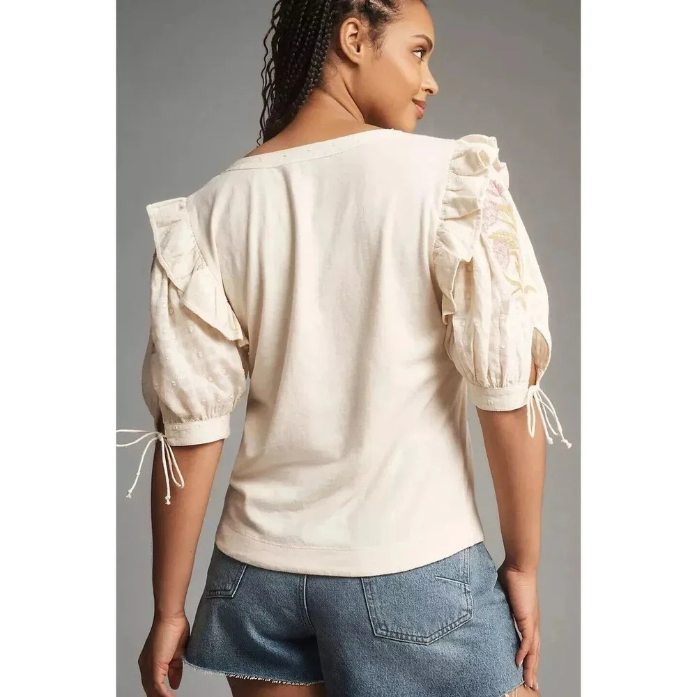 By Anthropologie Floral Embroidered Puff-Sleeve Blouse Top Ruffle XSP NWT 274108